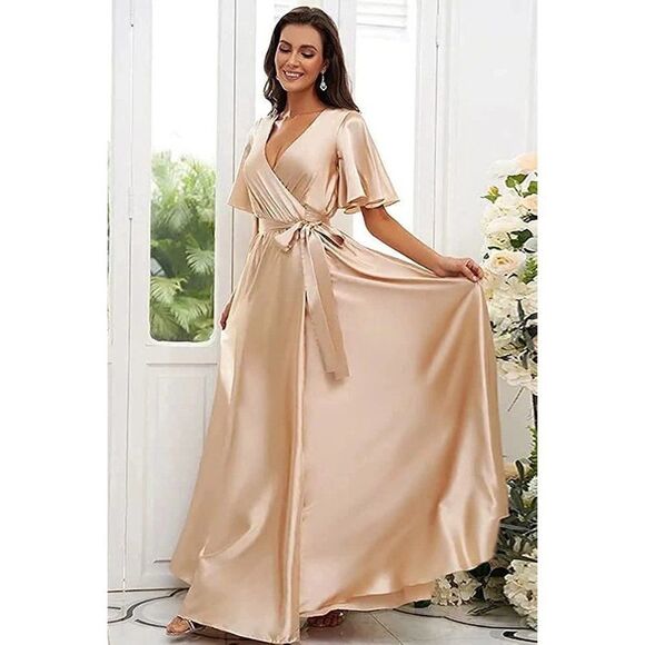 V Neck Long Bridesmaid Dress for Women with Slit Satin Formal Prom Evening Party - Picture 2 of 7